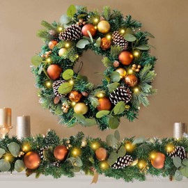 WANNA-CUL Pre-Lit 20 Inch Lighted Christmas Wreath for Front Door Decoration with Copper Gold Christmas Ball Ornaments,Battery Operated 30 LED Lights