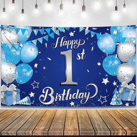 KatchOn, Happy 1st Birthday Banner Boy - 72x44 Inch, Xtralarge | Blue and Silver First Birthday Backdrop | First Birthday Decorations for Boys | First Birthday Banner for 1st Birthday Decorations