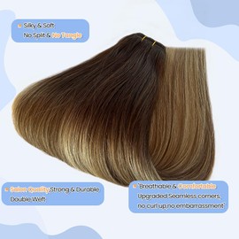 Smartinnov Weft Hair Extensions Human Blonde Highlights Light Brown Mix Hand Tied Double for Flawless 613 Sew in with Roots 14inch 80g
