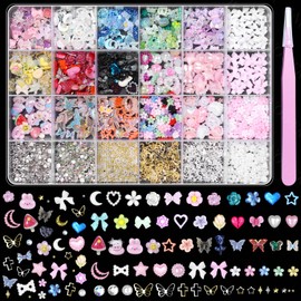 3D Nail Charms and Gems Mix Styles Butterfly Flower Bow Heart Colorful Assorted Nail Art Charm for Acrylic Nails Design, Pearls Nails Charms with Rhinestones Tiny Beads with Tweezers