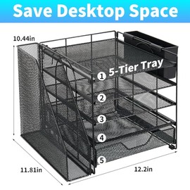 Organizadores y accesorios de escritorio, organizador de bandeja de papel de 5 niveles con soporte para archivos, cajón y soporte para bolígrafos, acc