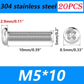 Ctyjia Pack of 20 Phillips Machine Screws, M5 x 10 mm 304 Stainless Steel Rounded Head Screws, Round Head Screws for Furniture Installation Wood Assembly