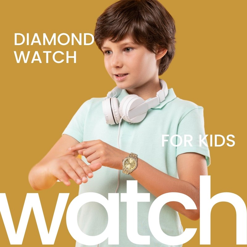 Genkigold Gold Diamond Watch for Teen Boys - 43mm Roman