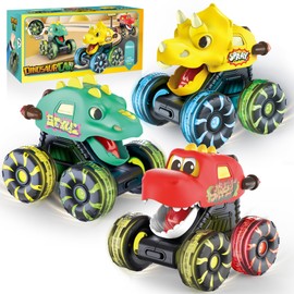 OMAKCOO 3 Pack Dinosaur Monster Truck Toys with Light-Up LED Wheels for Toddlers Kids
