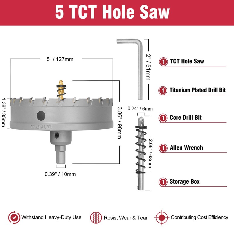 5 Inch Carbide Hole Saw with Titanium Plated Center Drill