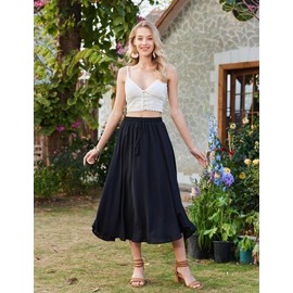 Zeagoo Womens Black Skirts Summer Elegant Midi Skirt High Waist A-Line Long Skirt with Drawsting 12