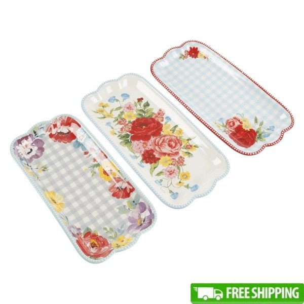 Unbranded Floral Medley 3 Piece Serving Tray Set Scalloped Handle