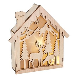 VBS Wooden Light House Kit Including Lighting Ready Wooden House for DIY Christmas House Illuminated DIY House Decoration Made of Wood House Decoration with Lighting Christmas Light House Reindeer