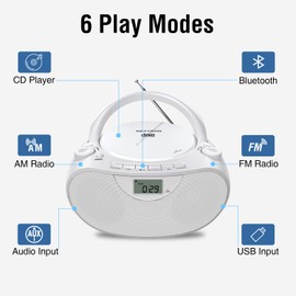 Nextron Portable Stereo CD Player Boombox with AM/FM Radio, Bluetooth, USB, AUX-in, Headphone Jack, CD-R/RW and MP3 CDs Compatible, Clear and Full Sound with Bass Boost, AC/Battery Operated – White