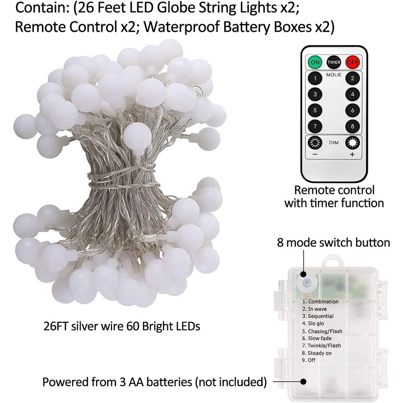 Battery Operated LED Globe String Lights, 2-Pack Total 52FT 120LEDs