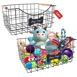 Geyecete dog toy basket Set of 2 Iron Wire Large dog toy box dog toy bin with Wooden Handles black wire basket Metal Basket for Pets baskets for organizing