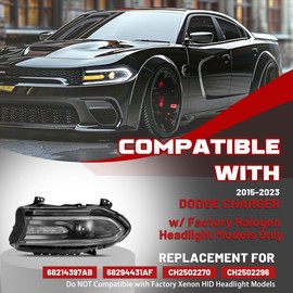 HECASA Left Headlight Assembly with Bulb&LED Compatible with 2015-2023 Dodge Charger Replacement for 68214397AB 68294431AF Headlamp Driver Side Clear Lens+Black Housing Plastic