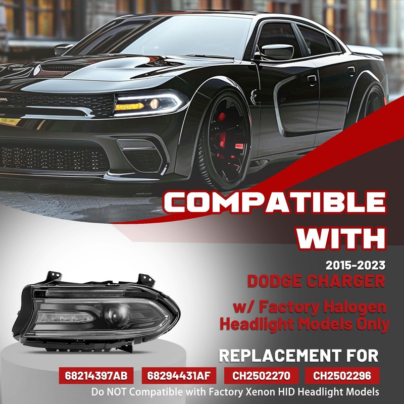 HECASA Left Headlight Assembly with Bulb&LED Compatible with 2015-2023 Dodge