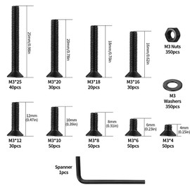 1051 Piece M3 Screws Set, M3 Countersunk Screws Set, Flat Head Allen Screws Nuts Set, Machine Screws with Nuts and Washers Set, Black, Threaded Screws and Nuts Set