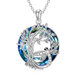 TOUPOP Sterling Silver Dragonfly Tree of Life Necklace for Women - Blue Crystal Pendant - 18+2 Inch Chain - Birthday, Anniversary, Valentine's Day Gifts