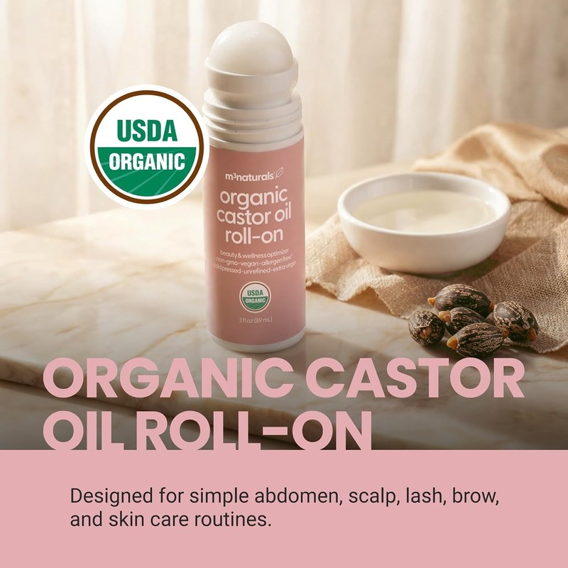 Organic Cold Pressed Castor Oil Roll-On, Hexane-Free, USDA 3 fl