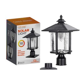 Gama Sonic Casita Outdoor Solar Light, Black Cast Aluminum with Beveled Glass, 3-Inch Pole Fitter or Pier Mount Lamp, 58i50023