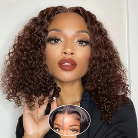 Kerberey Bob Wig Human Hair Wear and Go 5x5 HD Lace Closure Curly Wigs for Black Women Chocolate Brown Lace Front Deep Wave Glueless Wigs Human Hair Pre Plucked Pre Cut 10Inch