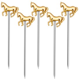 Cocktail Picks Stick, Cocktail Toothpicks Stainless Steel Martini Olive Picks for Bar Barbecue Fruit, Bloody Mary Drink Sticks (5pcs,Gold Horse)