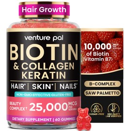 Venture Pal Biotin Gummies with Collagen & Keratin - Hair Growth Support Skin and Nail Strength Vitamins for Women & Men - Biotin 10000mcg | B-Complex | Saw Palmetto - Sugar Free, Non-GMO, 60ct