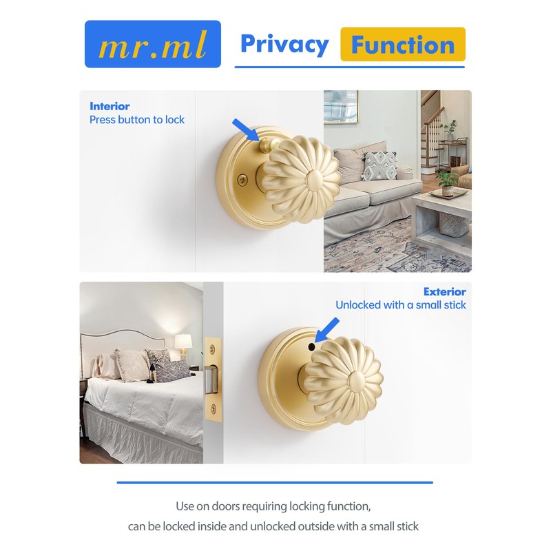 MRML Brushed Gold Privacy Door Knob, Interior Light Gold Door
