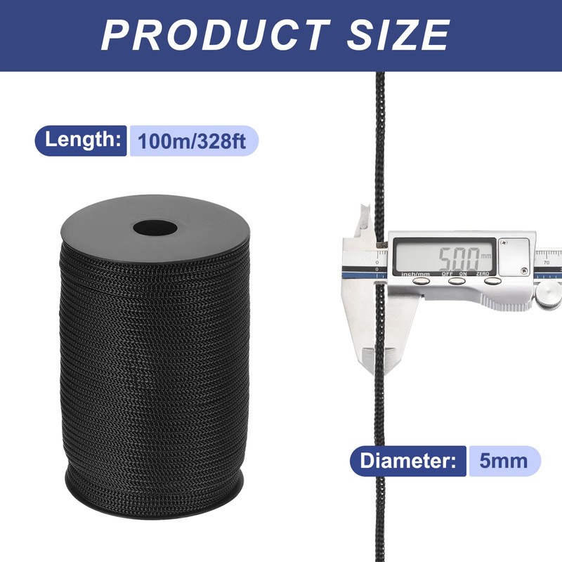 MECCANIXITY 3/16" Polypropylene Braided Rope, 328ft Black Nylon Rope for