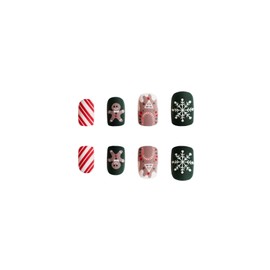 Christmas Press on Nails Short Square Winter Fake Nails Red Green Full Cover Snow Gingerbread Man False Nails with Designs Matte Glue on Nails Cute Acrylic Nails Artificial Nails for Women Girls 24Pcs