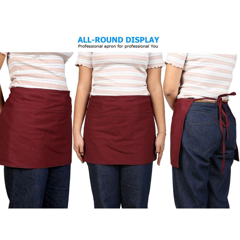 Cotton Waist Apron for Waitress with 3 Pockets Burgundy Server