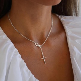 Mothers Day Gifts Cross Necklace for Women Dainty Infinity Long Pendant Necklace Trendy Non Tarnish Waterproof Simple Religious Jewelry Christian Faith Cross Gifts (Silver)