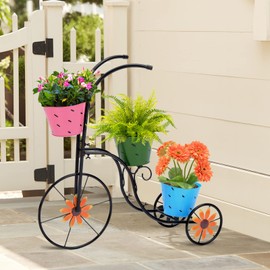 LEWIS&WAYNE Metal Tricycle Planter, 3 Tier Floral Flower Plant Stand Holder Hand Painted Outdoor Garden Patio Decor