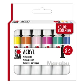 Marabu Colour Blocking, Acrylic Paint Set, 6 x 12 ml, Silky Matt Colours, Easy to Paint, Quick Drying, Non-fading, Weatherproof, for Many Painting Techniques and Surfaces, 12100000000213, 6 Basic