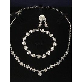 ONDEGO® 3er Set SILBER Strass Schmuck Kette Schmuckset Armband Hochzeit Collier Halskette Brautschmuck Kommunion Ball Abiball