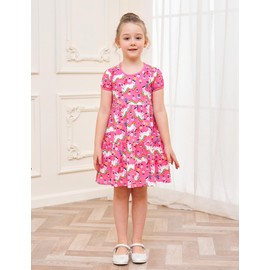 Little Girl Summer Dress Clothes Unicorn Easter Rainbow Short Sleeve Casual Twirly Tiered Swing Smocking Dresses Playwear Sundress Clothing Outfits Pink Horses 6-7 Years