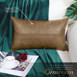 BRAWARM Faux Leather Throw Pillow Covers 12 X 20 Inches, Khaki Leather Pillow Cover, Hand Stitched Leather Decorative Lumbar Pillow Cover for Couch Sofa Bed Living Room Home Garden