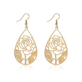 Teppdfann Gold Plated Rose Flower Filigree Teardrop Dangle Earrings Vintage Fashion Lightweight Drop Earrings for Women Trendy