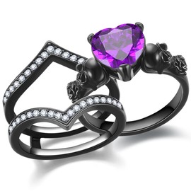 GTISKL Gothic Skull Engagement Ring Sets Promise Eternity Band Rings Cubic Zirconia Wedding Anniversary Promise Rings Bridal Cocktail Party Biker Jewelry (purple-white, 7)
