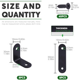 Keadic 16 Sets Black Corner Brace Kit, Straight Plates Brackets & Stainless Steel L Brackets Right Angle Bracket Fastener for Wood Chair Bookshelf Board Furniture Brackets (3030mm,602mm)