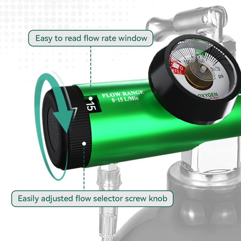 Oxygen Regulator for Oxygen Tank CGA870 Connection, Adjustable Flow 0-15