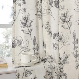 FMFUNCTEX Linen Curtains Floral Patterned Curtains for Bedroom Living Room, Black Curtains 84 Inches Long Farmhouse Curtains, Light Filtering Beige Window Curtain Grommet Top 2 Panels Set
