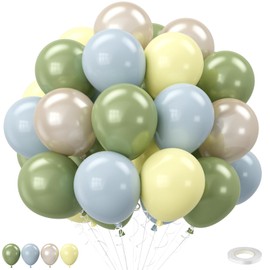 Sage Green Yellow Dusty Blue Balloons, 12 Inch Green Pastel Yellow Slate Blue Cream Beige Latex Balloons for Birthday Wedding Baby Shower Bear Wild One Party Deocrations Supplies