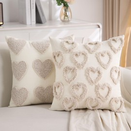 KOOLIFE Heart Love Cute Beige Valentines Throw Pillow Covers 18x18 Inch Set of 2 Valentines Day Pillow Covers for Couch Sofa Home Decor Decorative Cushion Covers for Neutral Valentines Day Decorations