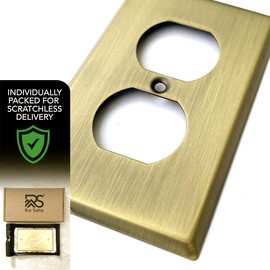 Rio Salto BRASS Metal Duplex Antique Gold Metal Outlet Cover STANDARD SIZE Light Switch Cover Wall Plate, Single Receptacle Wallplate Covers Single Antique Matte Gold Finish (Duplex, 1-Gang, 5-Pack)