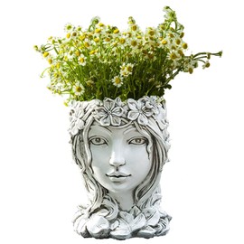 Happy L Face Flower Pot Head Planter Pots Succulent Planter Goddess Face Planter with Drainage Hole for Indoor Outdoor Plants(A-White)