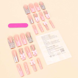 RUOKEXIN Long Square Press on Nails French Tip Fake Nails Pink False Nails with Bow Rhinestones Designs Long Square Nail Press ons Sparkly Glue on Nails Cute Stick on Nails for Women 24Pcs