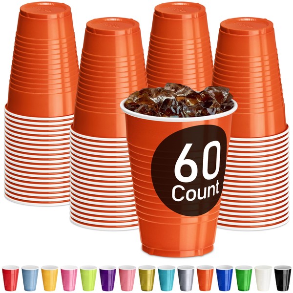 DecorRack 60 Party Cups 12 oz Disposable Plastic Cups for Birthday Party Bachelorette Camping Indoor Outdoor Events Beverage Drinking Cups (Orange, 60)