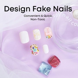 Press on Nails Square Short Length Glossy Full Cover Acrylic Square Shaped Nude False Nails with Floral Decor Designs Artificial Short Fake Nails Glue ons Nails Stick on Fingernails for Women