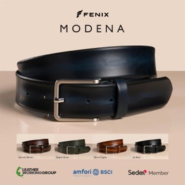 Fenix Modena Men's Adjustable Leather Belt Size 85 cm to 115 cm, Fine Brushed Silver Buckle, 35 mm Wide, Belt Made of Full Cowhide Leather, Denim Blue, 105