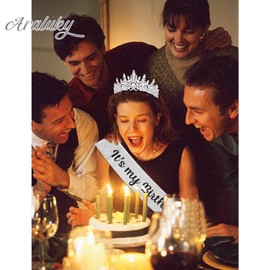 Araluky Silver Birthday Crown Adult Woman & Glitter It's My Birthday Sash for Women Birthday Tiara for Women Princess Tiara Birthday Hat Birthday Headband for Parties Favors Birthday Decorations