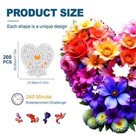 Wooden Jigsaw Puzzles for Adults and Kids, Heart Flower 200 Piece Unique Shaped Puzzle, Family Game and Creative Wooden Puzzle Gift, Wall Art Decor
