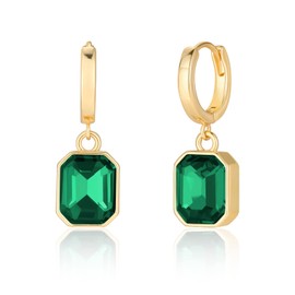 Birthstone Crystal Dangle Drop Earrings, 14K Gold Plated Huggie Hoop Hypoallergenic Earring Jewelry Gifts for Women, (Green)